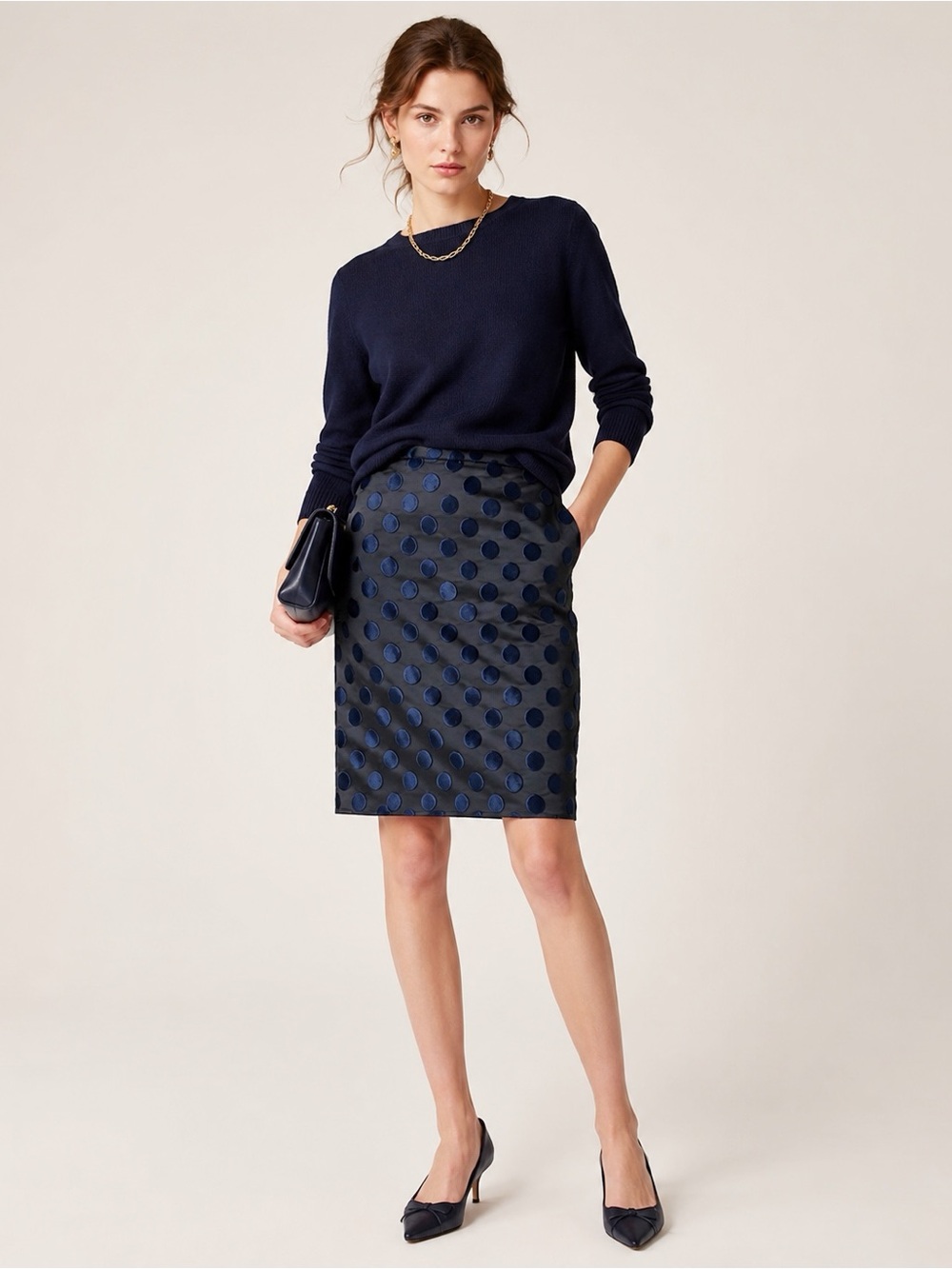 J. Crew Woman Black Polka Dot Brocade Pencil Skirt US10 Classic Preppy Party